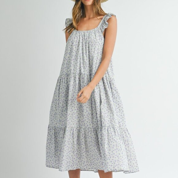 Mable Dresses & Skirts - MABLE Floral Ruffle Shoulder Tiered Midi Dress, Medium, D004